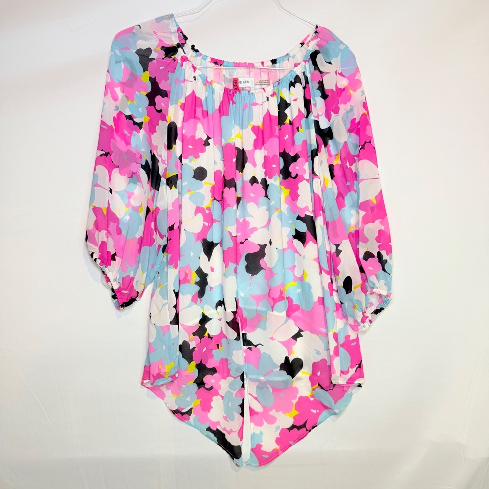 Calvin Klein Womens XL Pink Blue Floral Chiffon Balloon Sleeve High Low Blouse